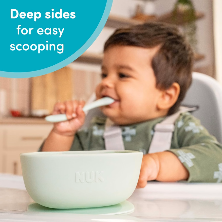 NUK Silicone Baby Tableware Bundle, Includes 1 Plate, 1 Bowl, 1 Cup, & 1 Spoon, Durable Suction Feature Helps Reduce Spills, Microwave-Safe, BPA-Free : Baby