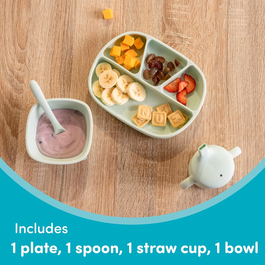 NUK Silicone Baby Tableware Bundle, Includes 1 Plate, 1 Bowl, 1 Cup, & 1 Spoon, Durable Suction Feature Helps Reduce Spills, Microwave-Safe, BPA-Free : Baby