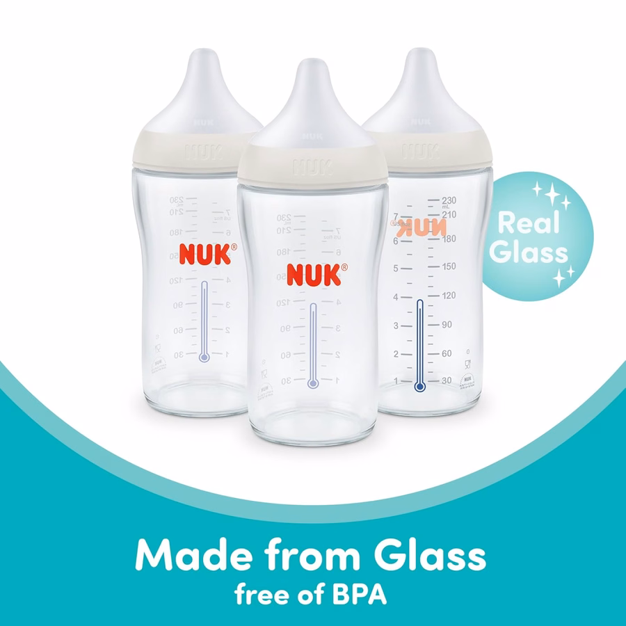 NUK Perfect Match Glass Natural + Anti-Colic Bottle, 8 oz. Glass Baby Bottles with SafeTemp Temperature Indicator, Newborn Essentials, 3-Pack : Baby